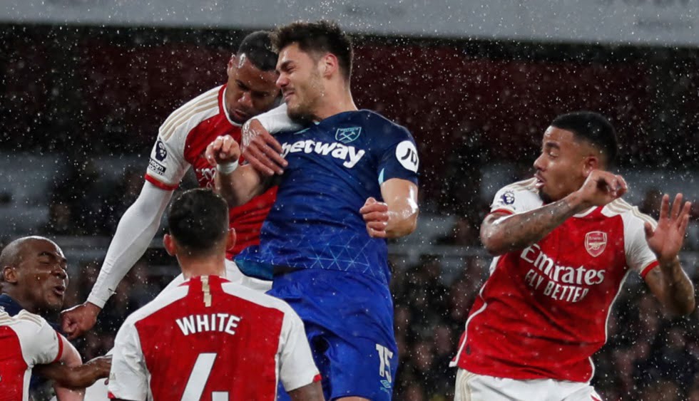 Konstantinos Mavropanos heads West Ham into a 2-0 lead at Arsenal