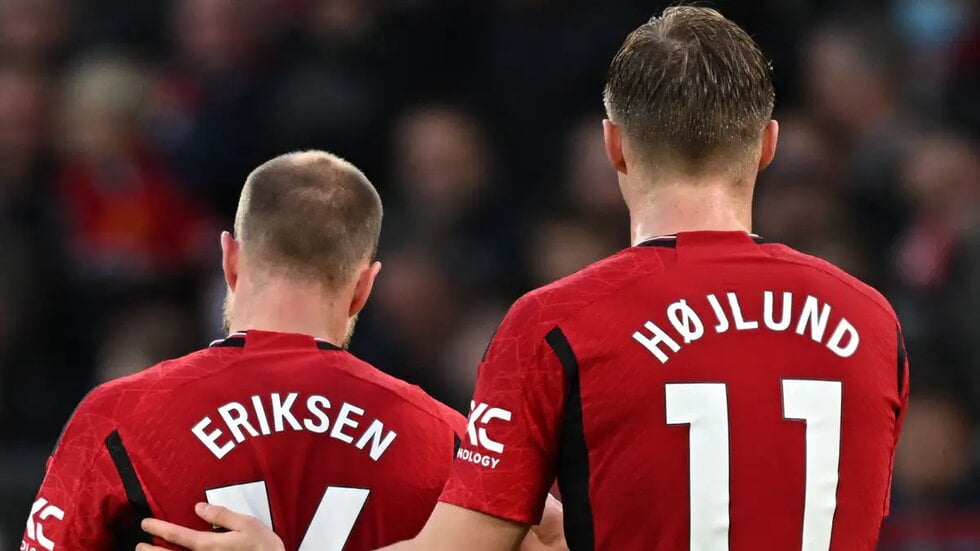 Manchester United players Rasmus Hojlund and Eriksen