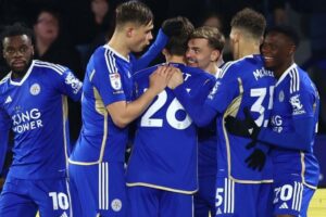 Leicester players celebrate going in front after just three minutes thanks to Kiernan Dewsbury-Hall's 10th goal of the season