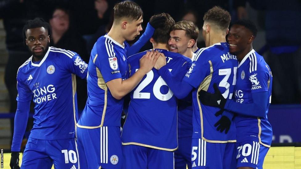 Leicester players celebrate going in front after just three minutes thanks to Kiernan Dewsbury-Hall's 10th goal of the season