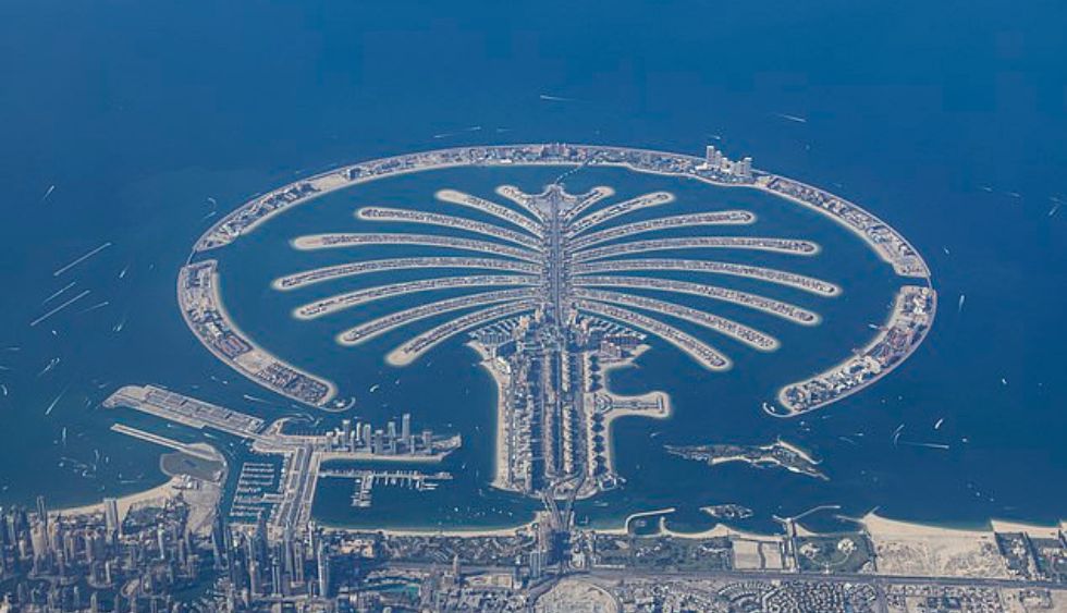 A long distance shot of Jumeirah Bay Island, which is better known as 'Billionaires Island', a secluded Dubai enclave that is home to the super rich