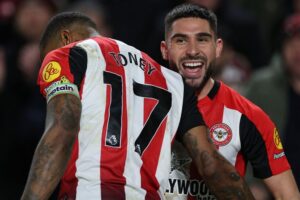 Maupay celebrates with Toney after scoring Brentford's third goal vs Nottingham Forest