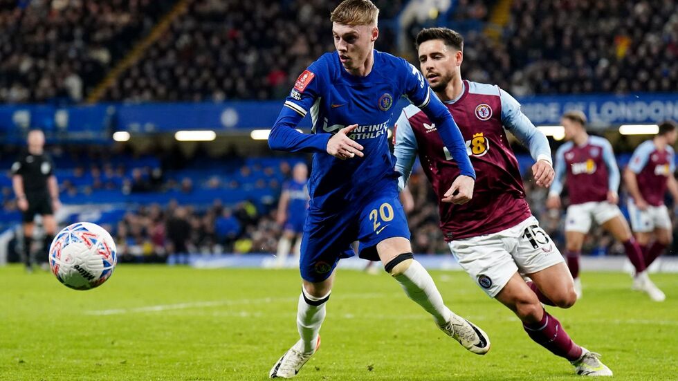 Cole Palmer and Alex Moreno in FA Cup fourth round action at Stamford Bridge
