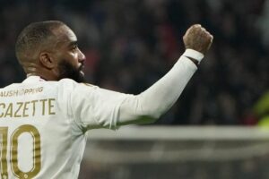 Lyon's Alexandre Lacazette celebrates.