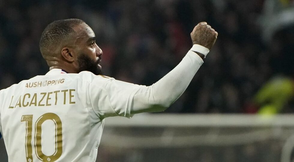 Lyon's Alexandre Lacazette celebrates.