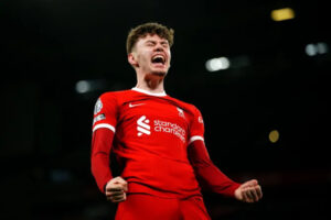 Conor Bradley roared in delight after scoring his first Liverpool goal