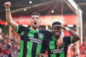 Simon Adingra of Brighton and Hove Albion celebrates after scoring a goal to make it 0-5 during the Premier League match between Sheffield United and Brighton & Hove Albion at Bramall Lane