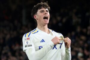 Archie Gray celebrates Leeds' second goal vs Leicester