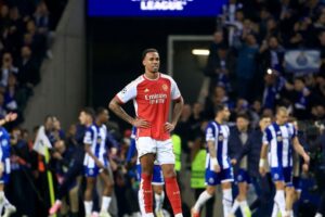 Arsenal's Gabriel looks shocked as Porto grabbed a late winner