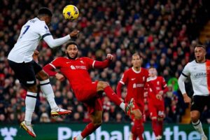 Chiedozie Ogbene headed in at the back post to put Luton ahead at Anfield